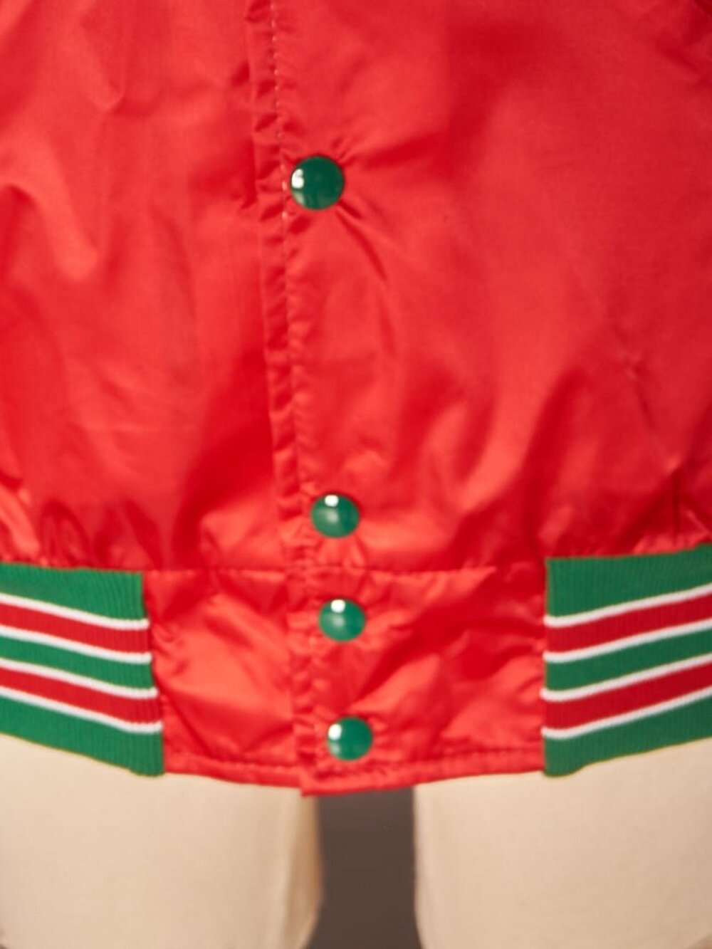 1970s Shiny Red Nylon DeLong Bomber Varsity Coat